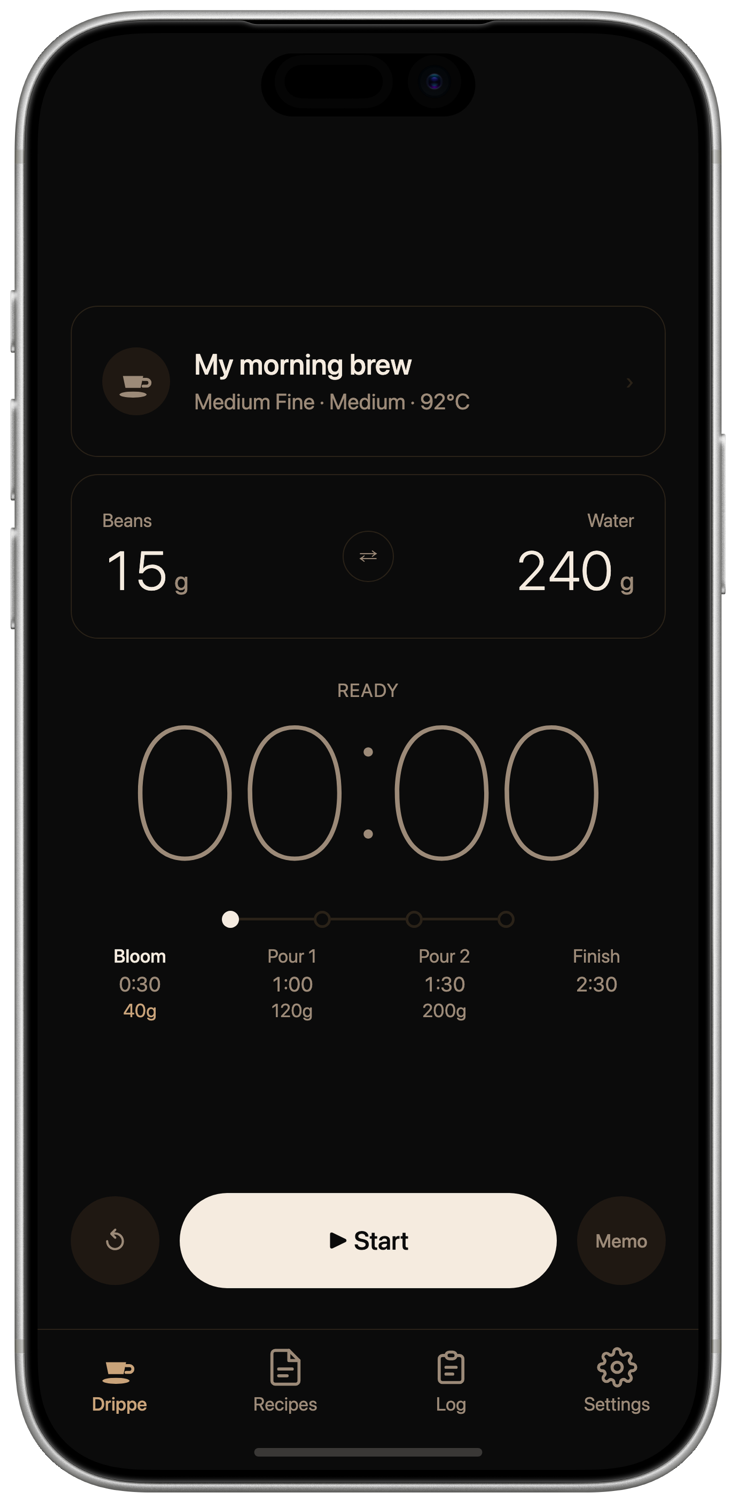 Drippe home screen for a morning pour-over recipe