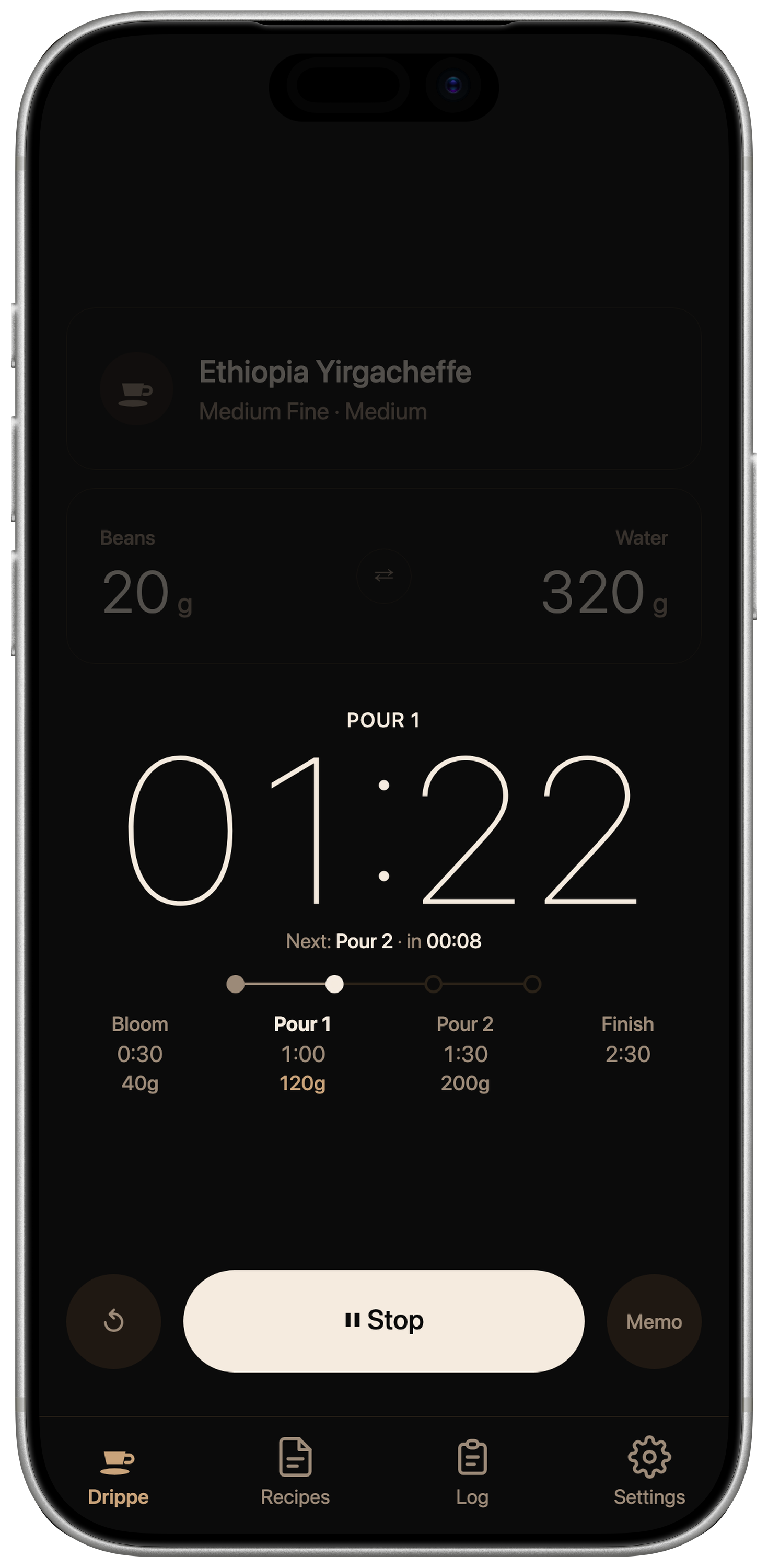 Drippe brewing timer screen