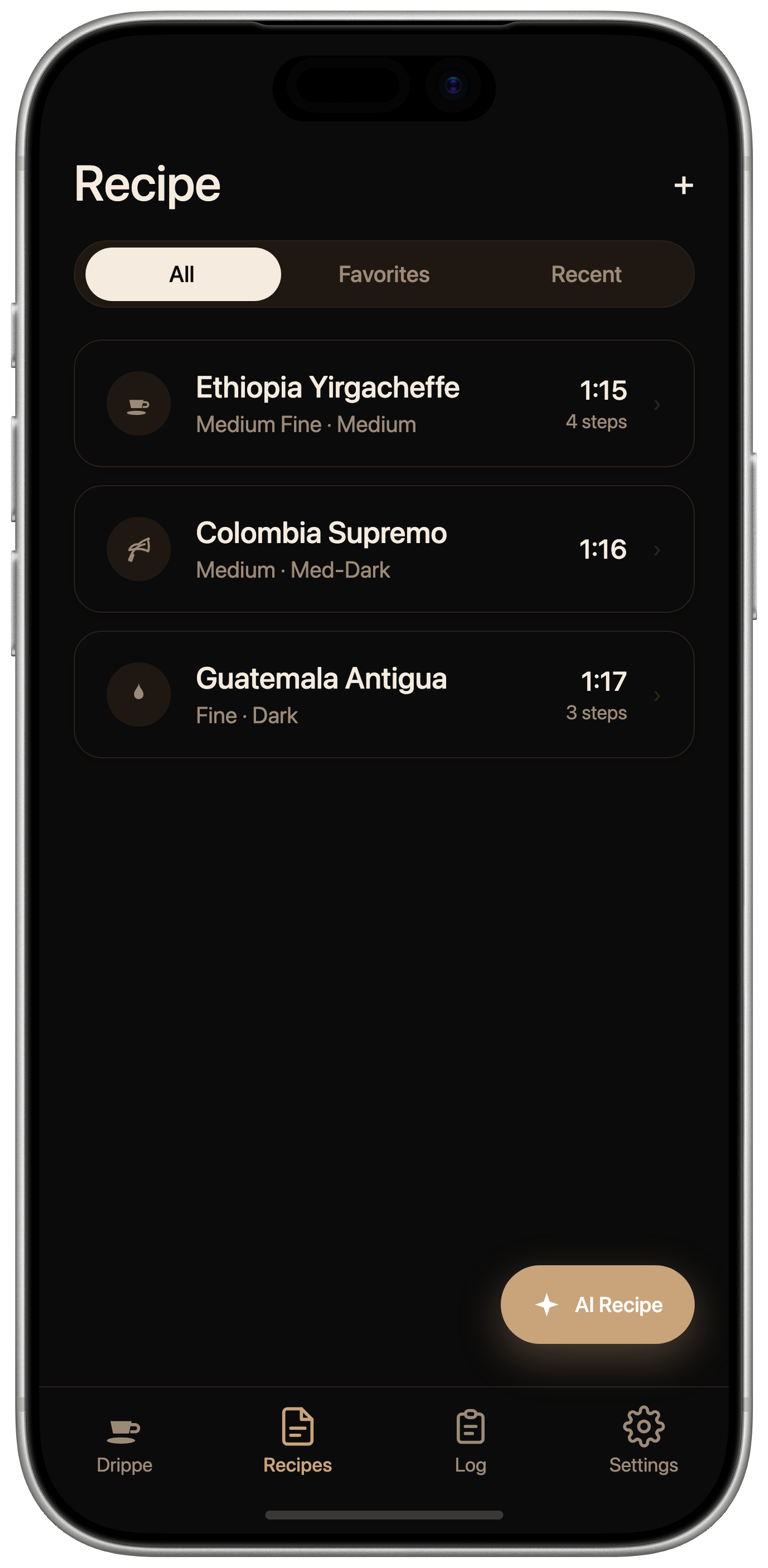 Drippe recipe list in dark mode